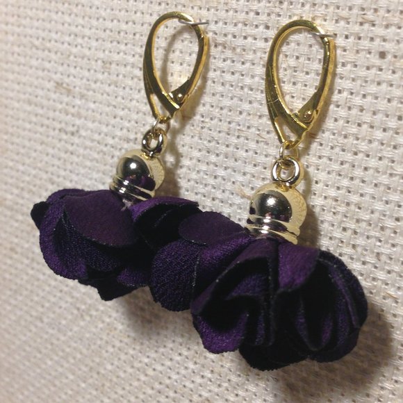 Dark Purple Satin Flower Fluff Earrings - Picture 4 of 5